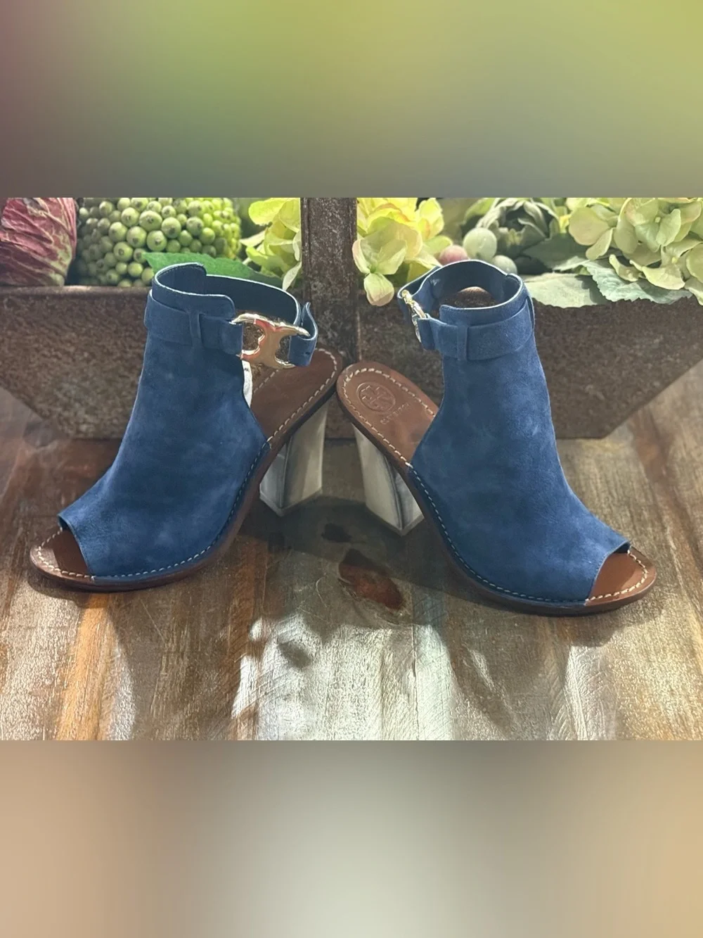Tory Burch Women’s Size 8M Blue Suede Peep Toe Booties EUC